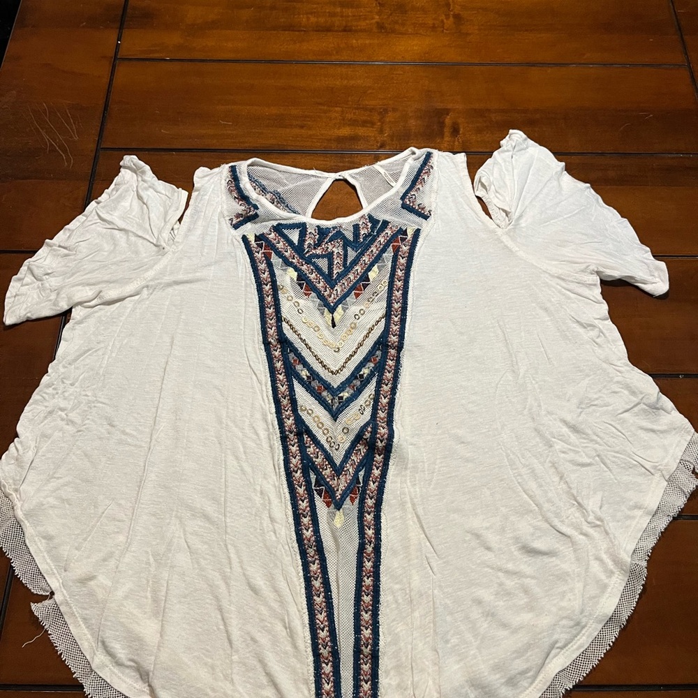Free People White Blouse with Blue and Red Accents